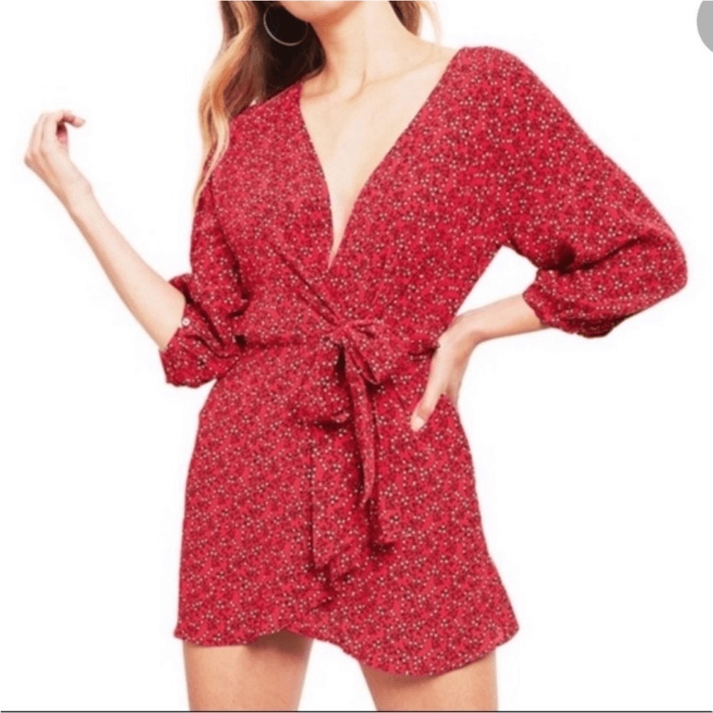 Free People Red Plunge Sundress with Bishop Sleeves
